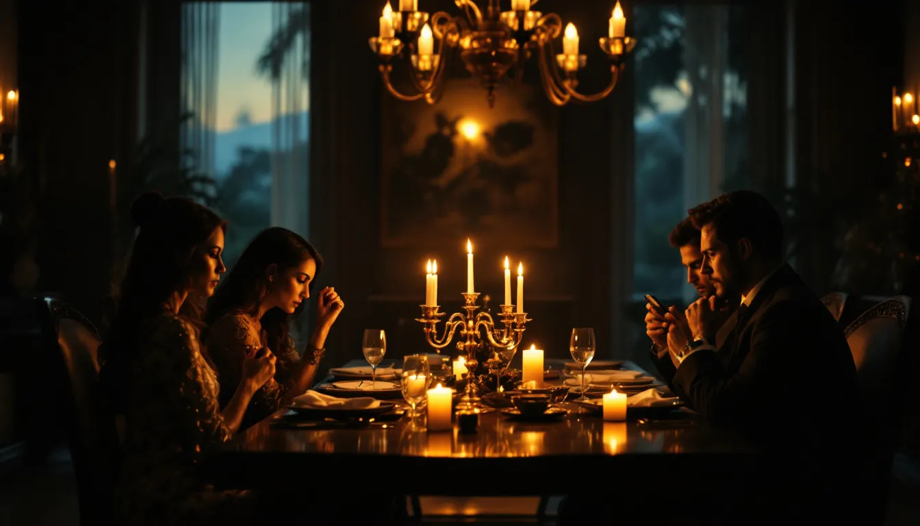 A family gathering where tensions are visible, showcasing dynamics within a narcissistic family.