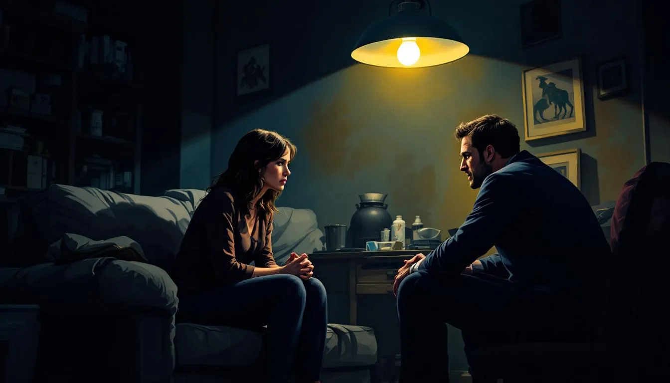 A narrative illustration depicting a woman named Sarah experiencing gaslighting in a relationship.