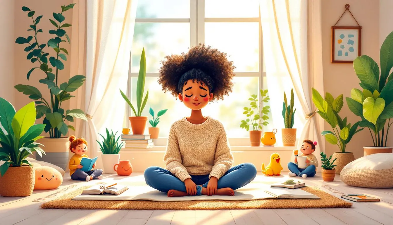 A serene scene showing a person practicing self-care and empathy in a calm environment.