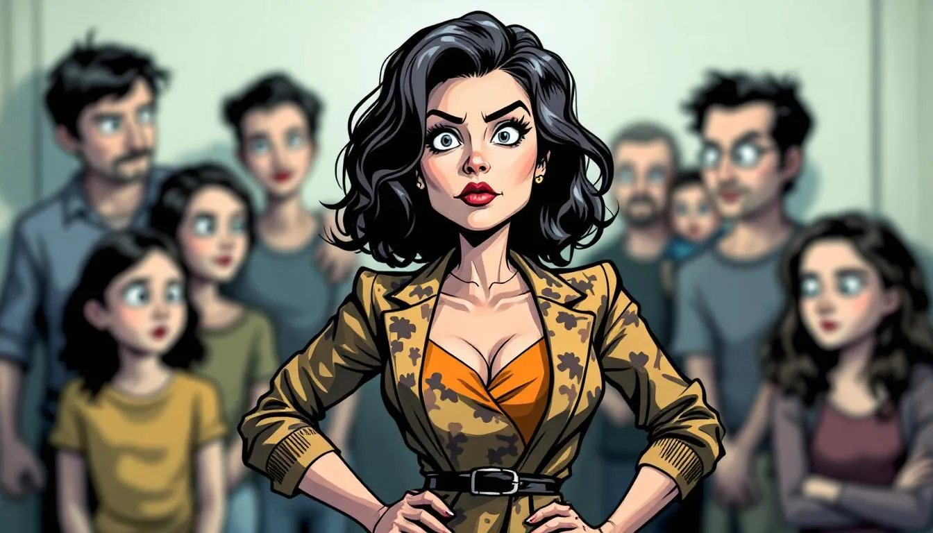 An illustration showing a woman displaying narcissistic traits, with a blurred background of family members.