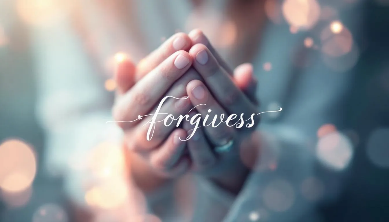 A peaceful scene with a blurred image of two hands in prayer, representing forgiveness and healing.