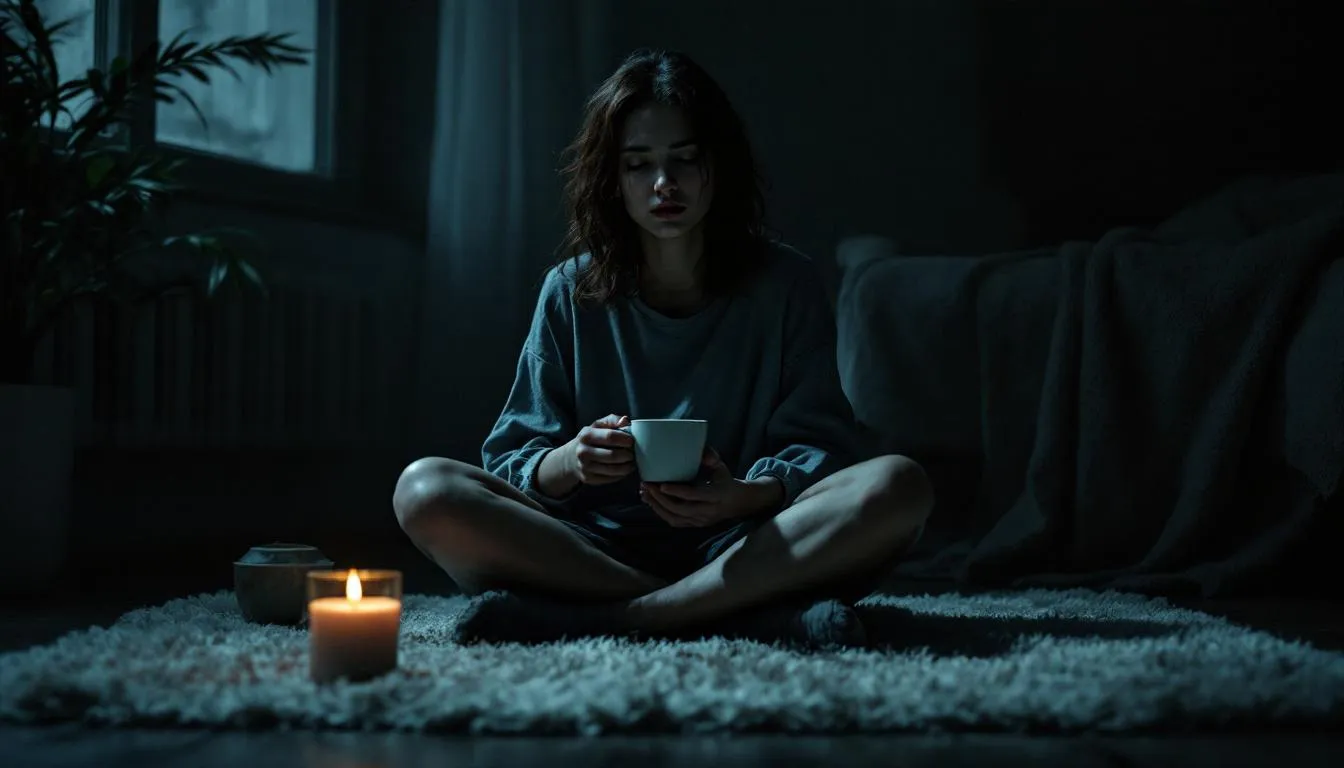 A person practicing self-care during the divorce process, surrounded by calming elements.