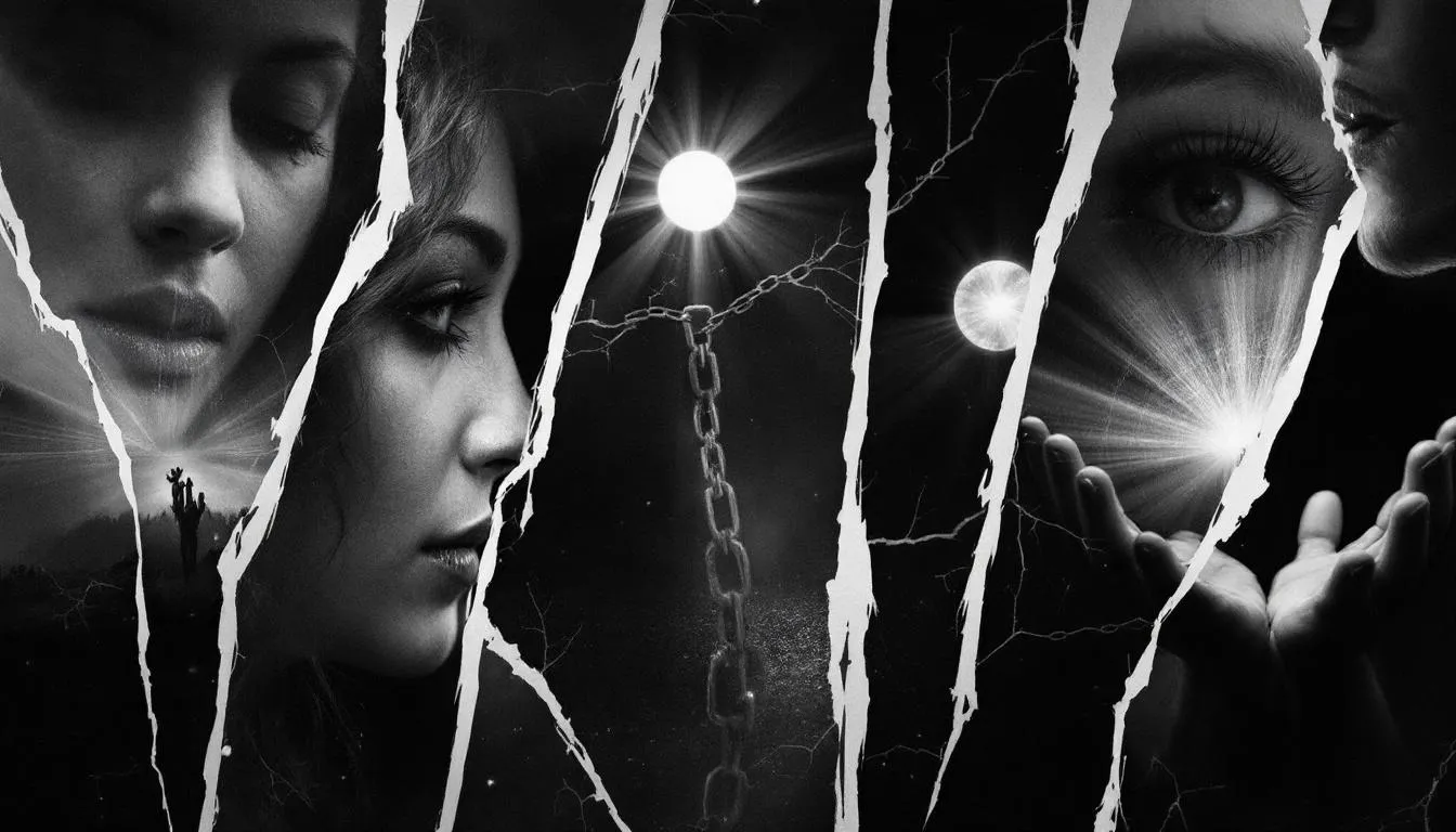 A collage of images representing real stories of overcoming narcissistic abuse, with blurred faces and uplifting symbols.