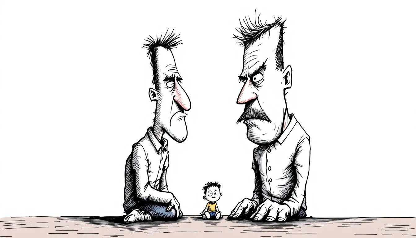 An image depicting child custody arrangements, focusing on a child with parents discussing custody terms.