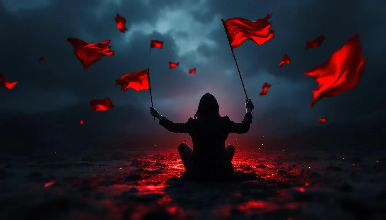 A visual representation of warning signs associated with narcissistic predators, featuring red flags in a metaphorical setting.