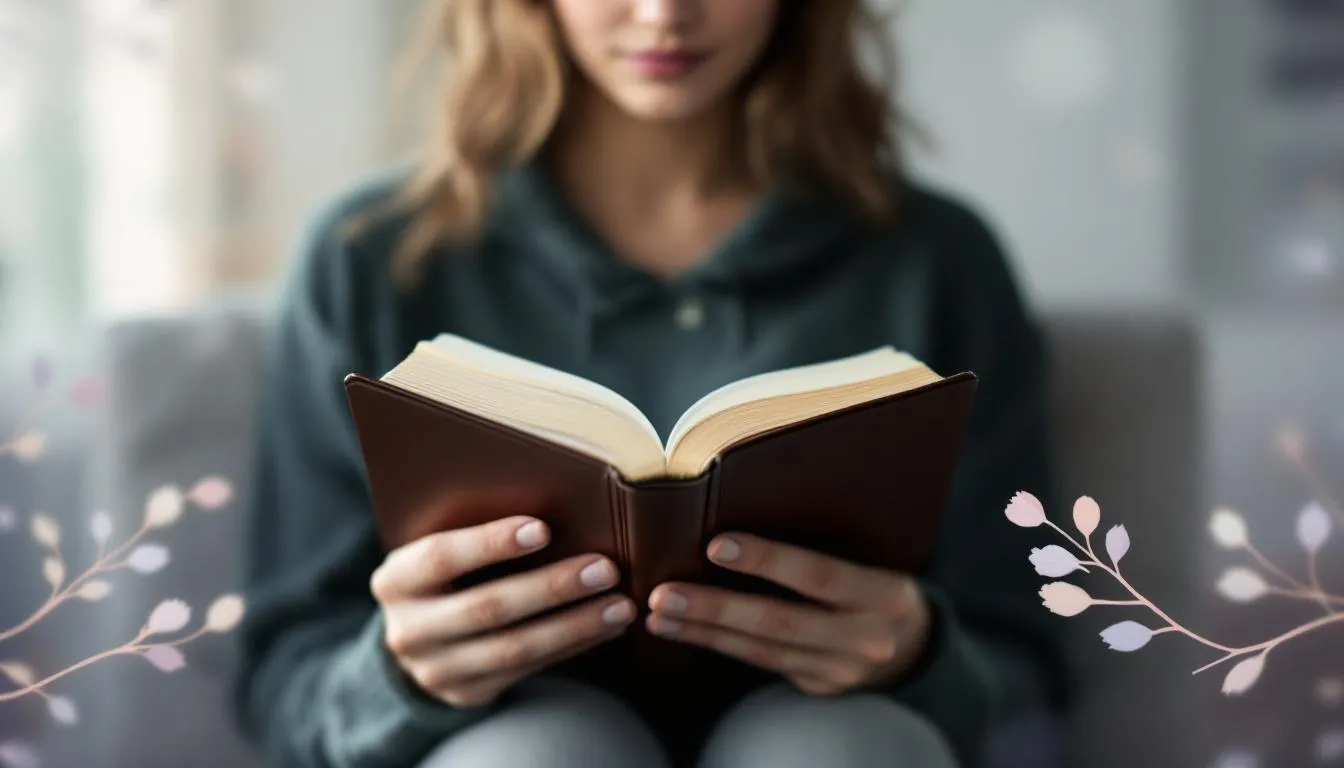 An artistic representation of key scriptures, with a blurred image of a person reading the Bible.