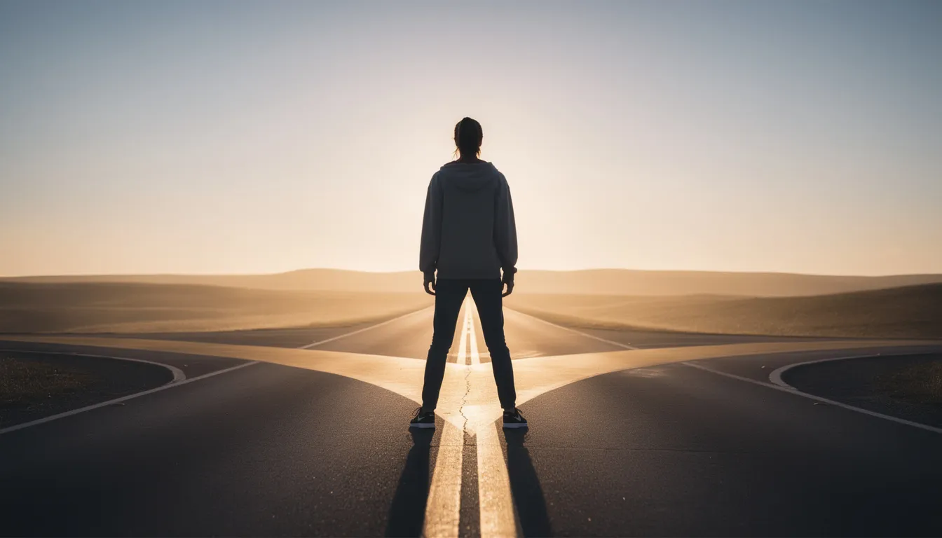 A confident person stands at a crossroads, choosing a clear path forward that represents growth, healthy boundaries, and reclaiming self-worth after leaving a narcissistic relationship.