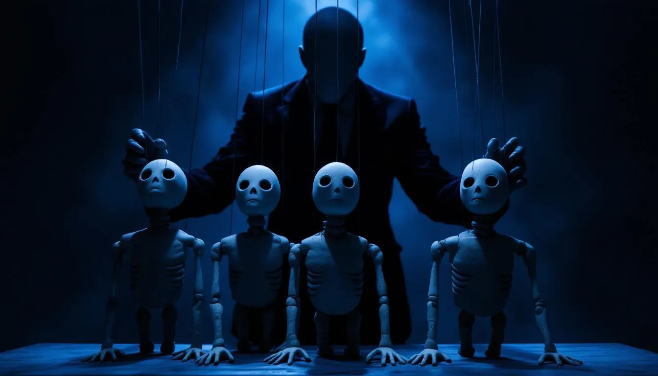 A depiction of manipulative tactics used by narcissists, showing a puppet master controlling puppet figures.