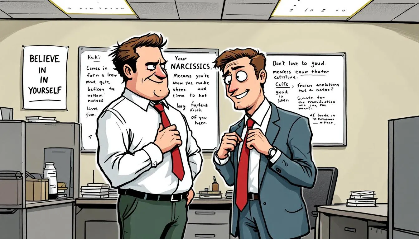 An office setting where a narcissistic coworker is subtly undermining a colleague's confidence.