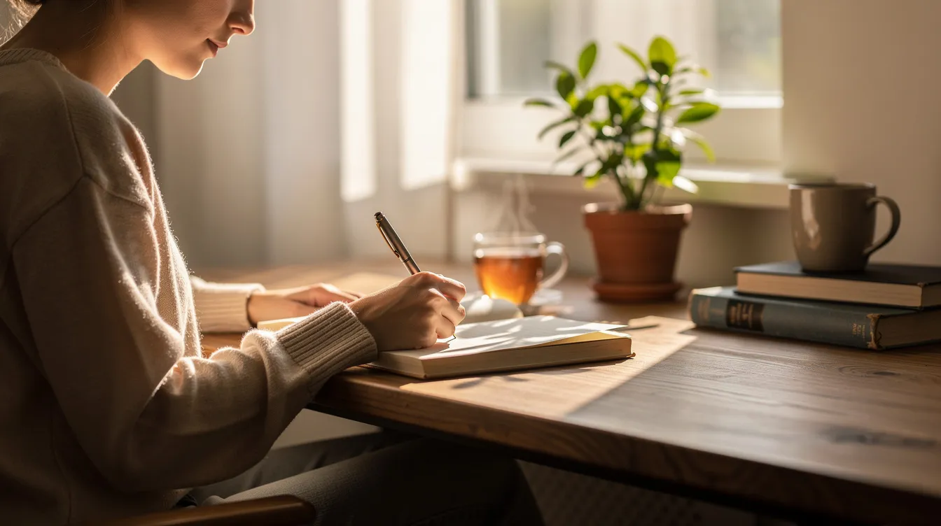A person sits at a peaceful desk, writing in a journal, reflecting on their emotions and experiences. This moment of introspection may help them process feelings related to emotional abuse and set boundaries in their relationships.
