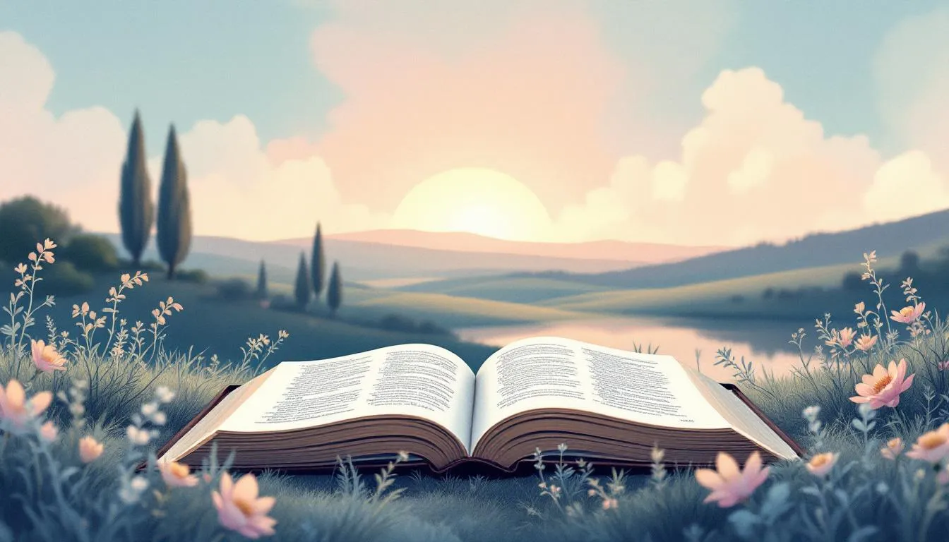 A serene landscape with a blurred open Bible, symbolizing biblical insights on narcissism.