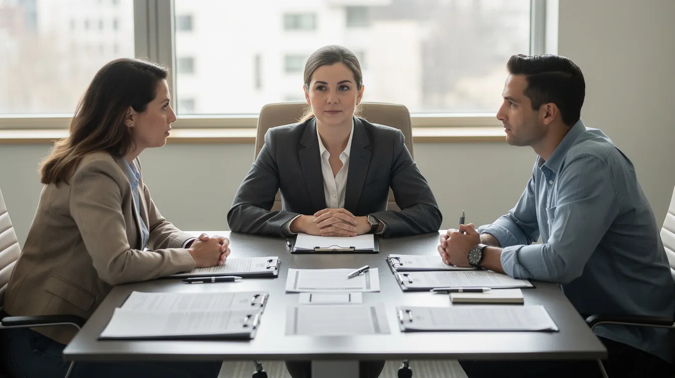 Three people sit at a table in a mediation setting, discussing documents. It highlights calm, respectful communication when ending a relationship while preserving mutual respect.
