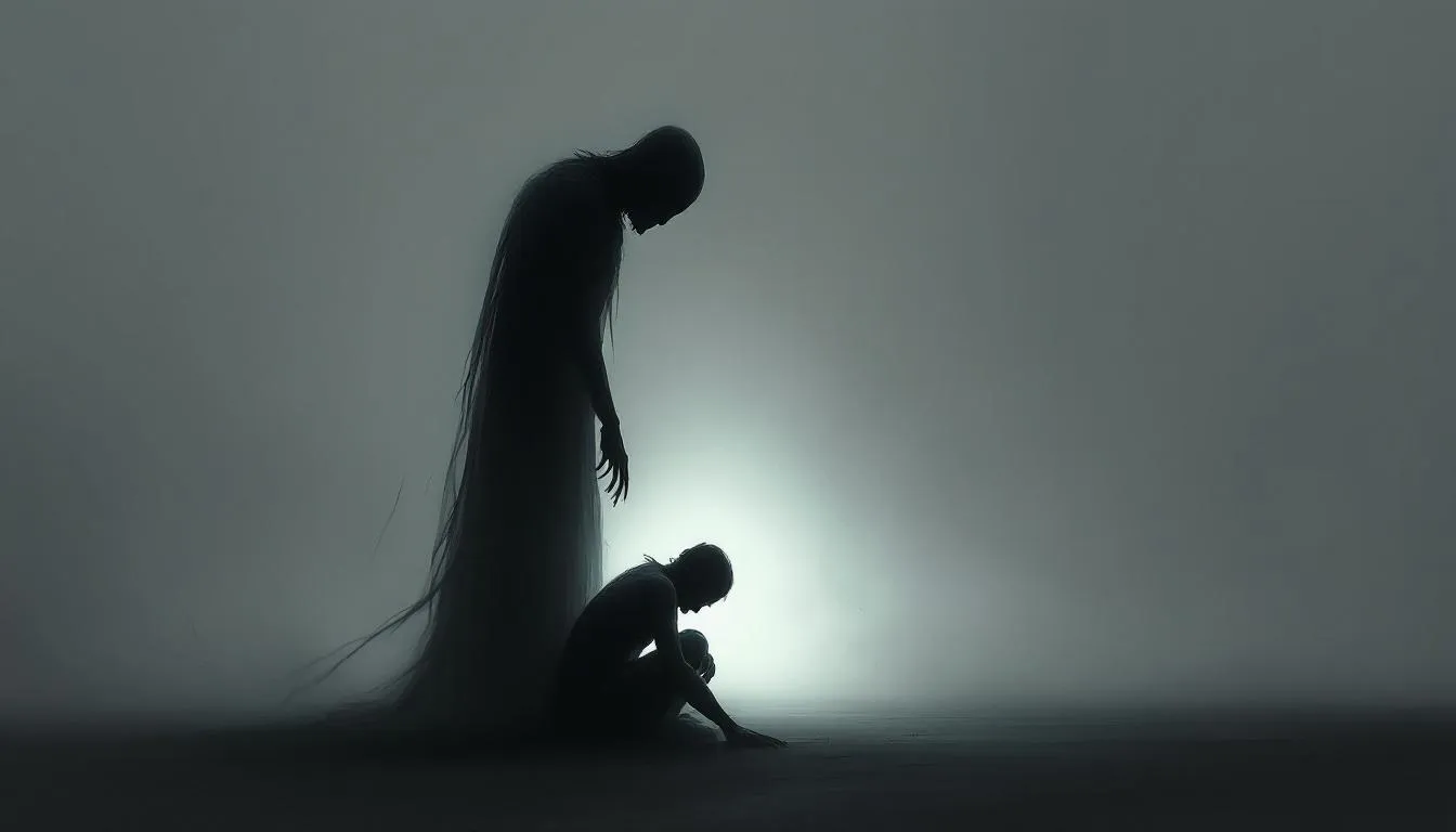 An abstract representation of narcissistic predatory behavior, showcasing a shadowy figure looming over a smaller figure.