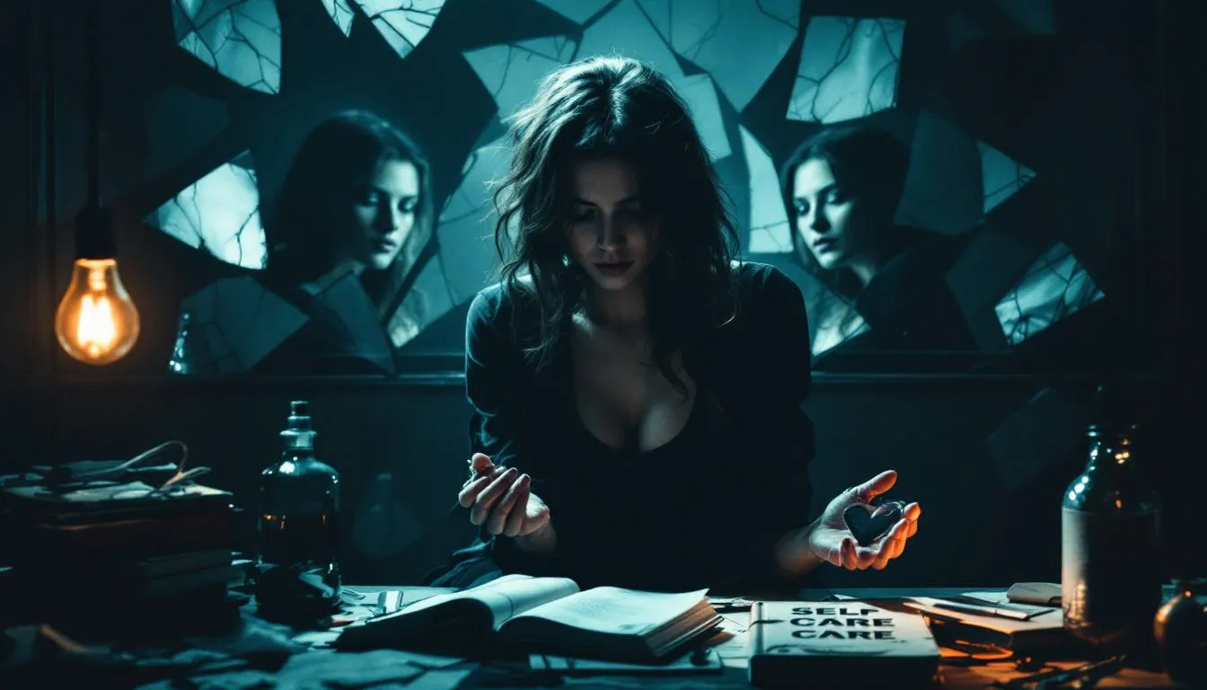 A conceptual image representing coping strategies in a narcissistic relationship, with hints of support and self-care.