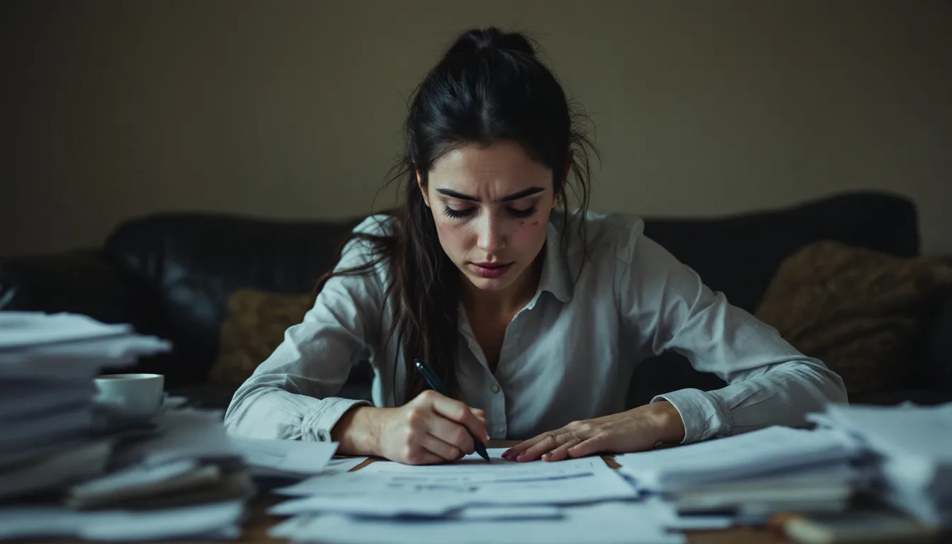 A woman reviewing financial documents in preparation for divorce.