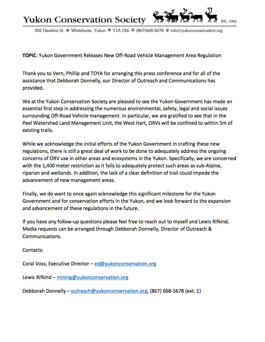 YCS news conference release in response to ORV Regulations