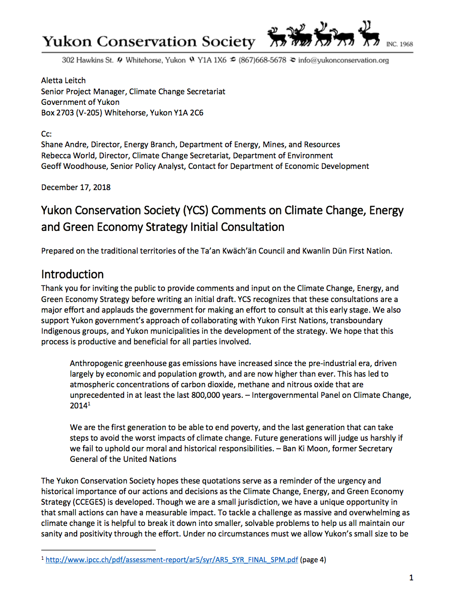 YCS' comments on the initial consultation for the Government of Yukon's Climate Change, Energy and Green Economy Strategy in 2018.