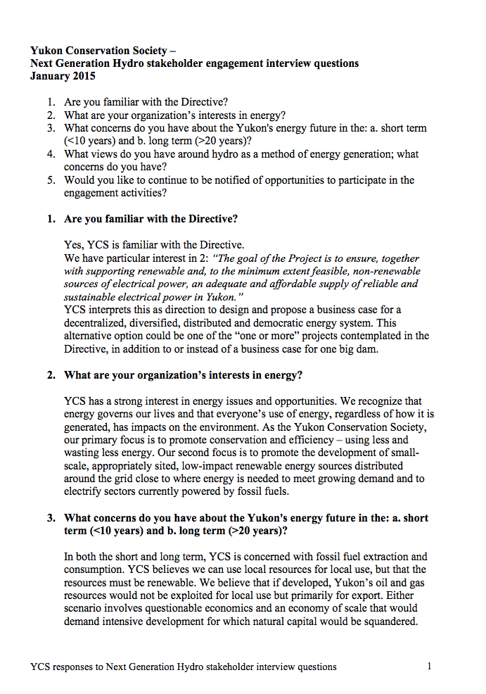 YCS participated in a stakeholder interview for the Yukon Development Corporation's Next Generation Strategy in 2015.