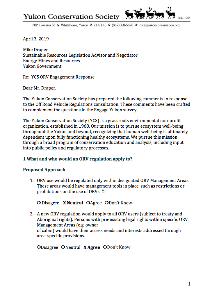 YCS provides final comments to ORV regulations in 2019