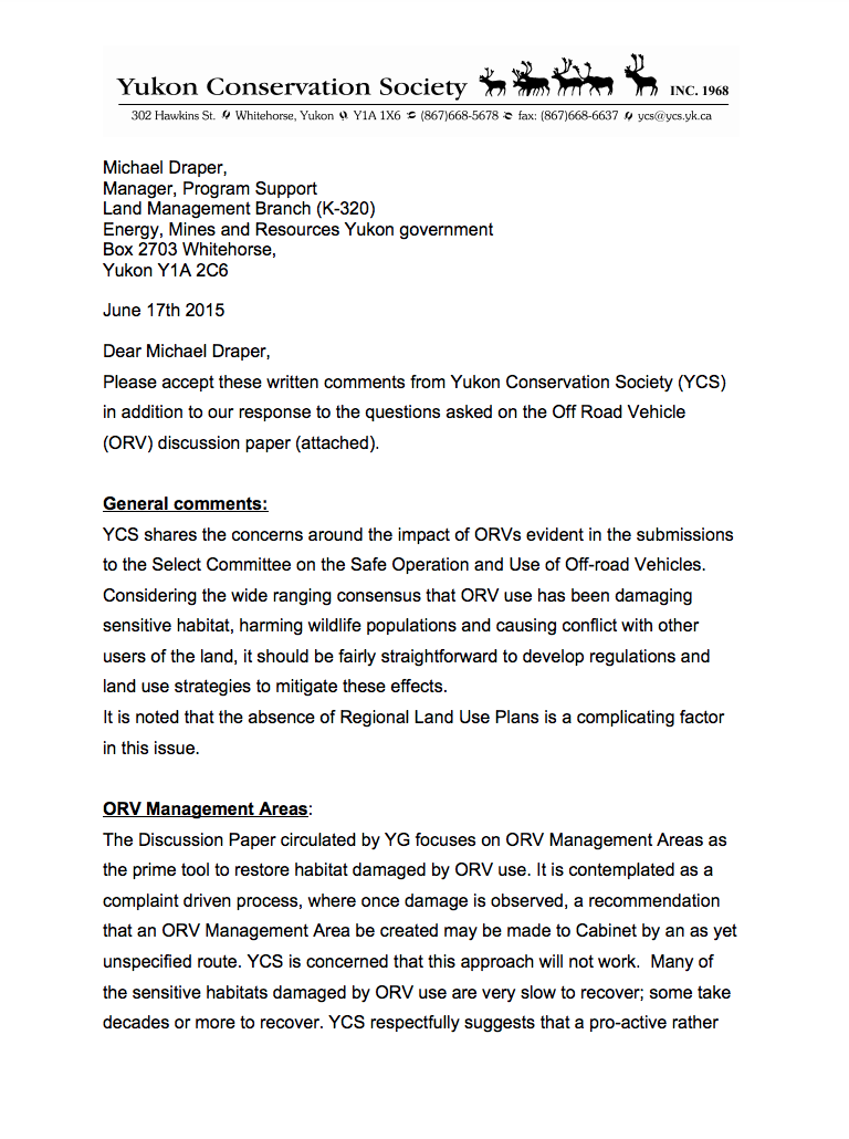 YCS comments on initial ORV consultations in 2015