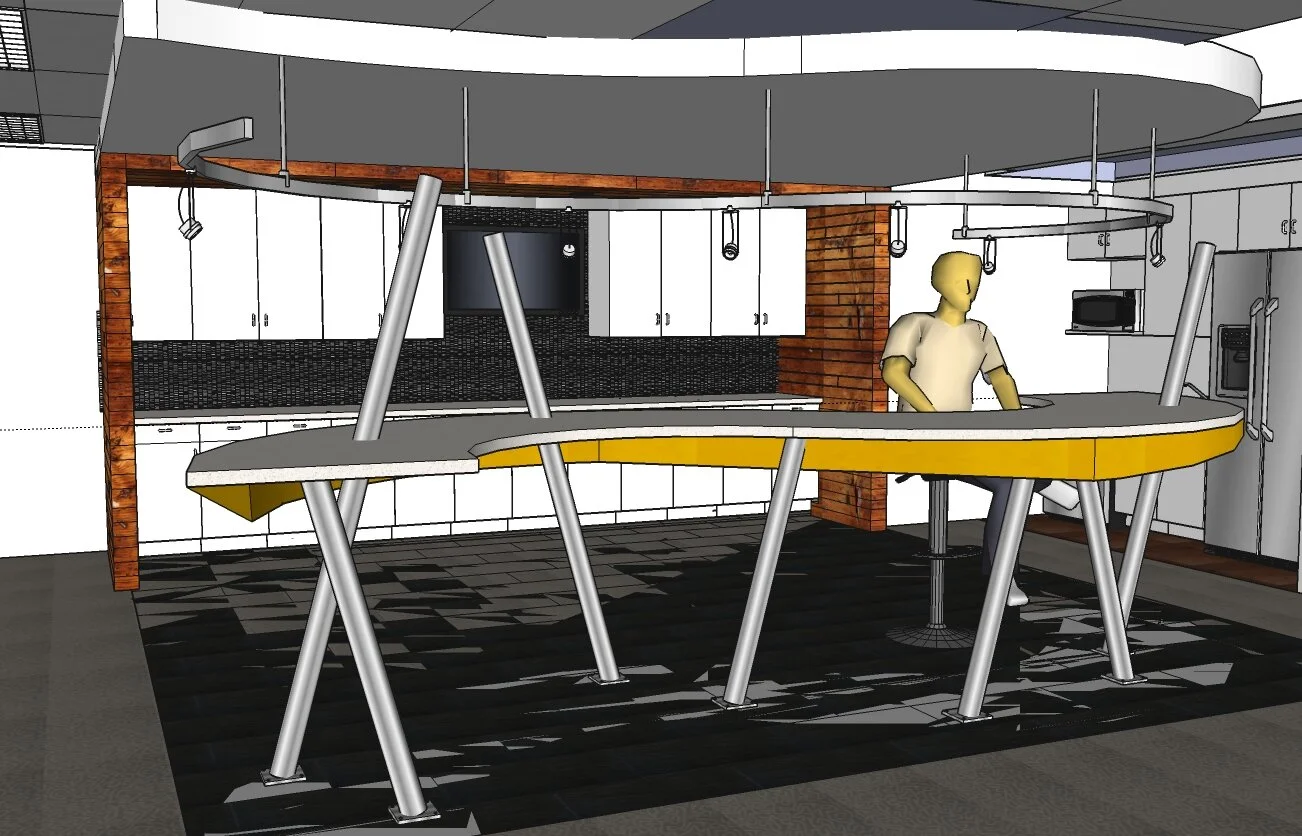 The design team used SketchUp and frequent design meetings to design the cafe area, which is the focal point of the office space.