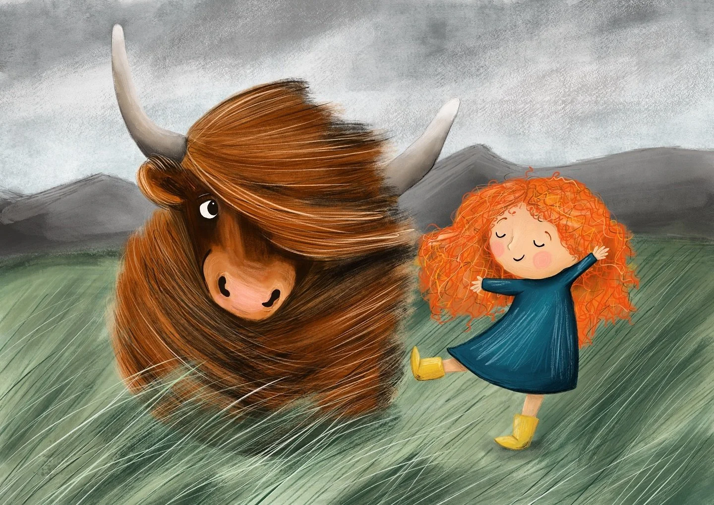 Dancing through the highland breeze with a big-hearted friend! 🌬️🐂 Could this be what Stevie Wonder grows into? 💛 
Don&rsquo;t miss my 2025 illustrated calendar, arriving soon&mdash;filled with farm life, joy, and all your favorite animals! Stay t