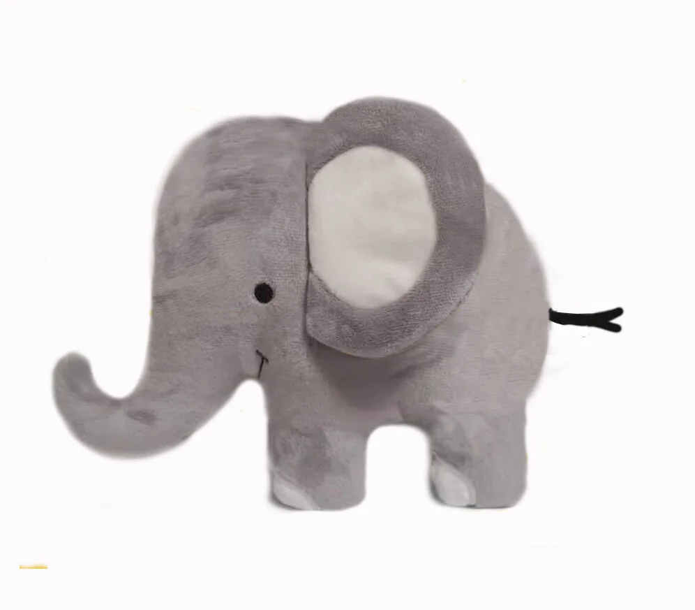 Ein niedliches Plüschtier in Form eines Elefanten mit grauem Fell und großen Ohren auf weißem Hintergrund.