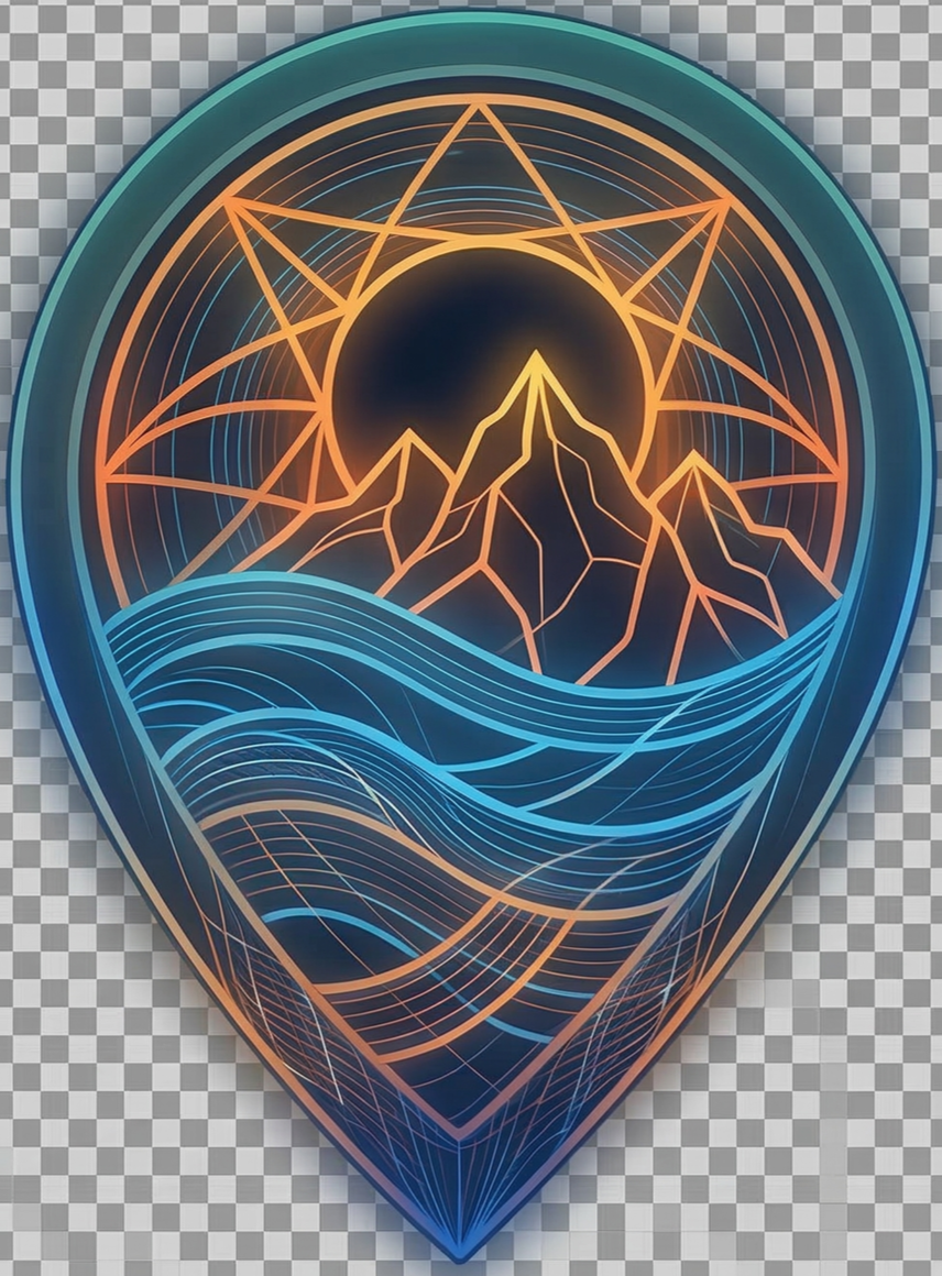 Ein digitaler, leuchtender Ortungspfeil mit einer Berg- und Meereslandschaft, Sonnen- oder Mondscheibe und geometrischen Mustern in Neonfarben.