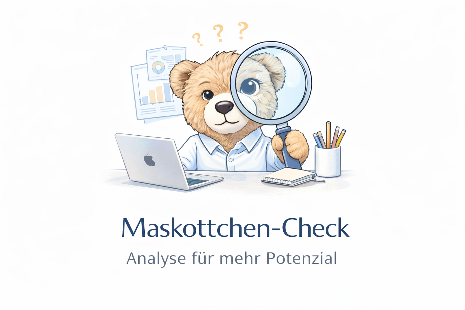 Ein Teddybär unters Mikroskop, sitzt an einem Schreibtisch mit Laptop, Notizbuch und Stifte, Promotion für einen Maskottchen-Check zur Analyse für mehr Potenzial.