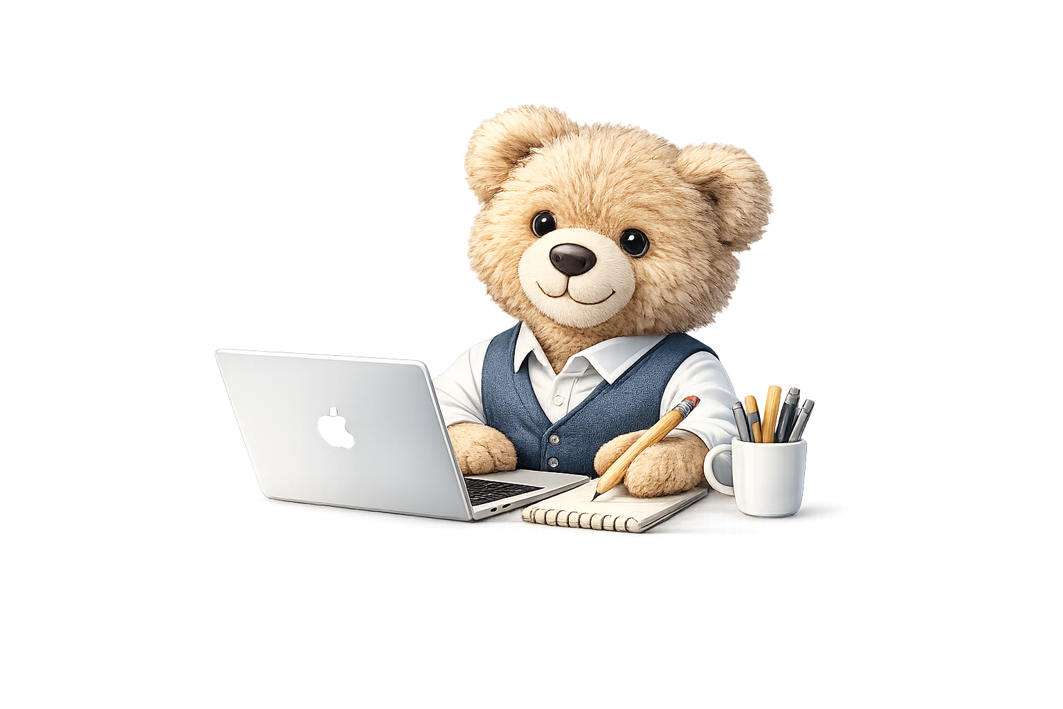 Ein Teddybär in Businesskleidung sitzt an einem Schreibtisch mit einem Laptop, einem Notizblock, einem Stift und einer Tasse mit mehreren Stiften.