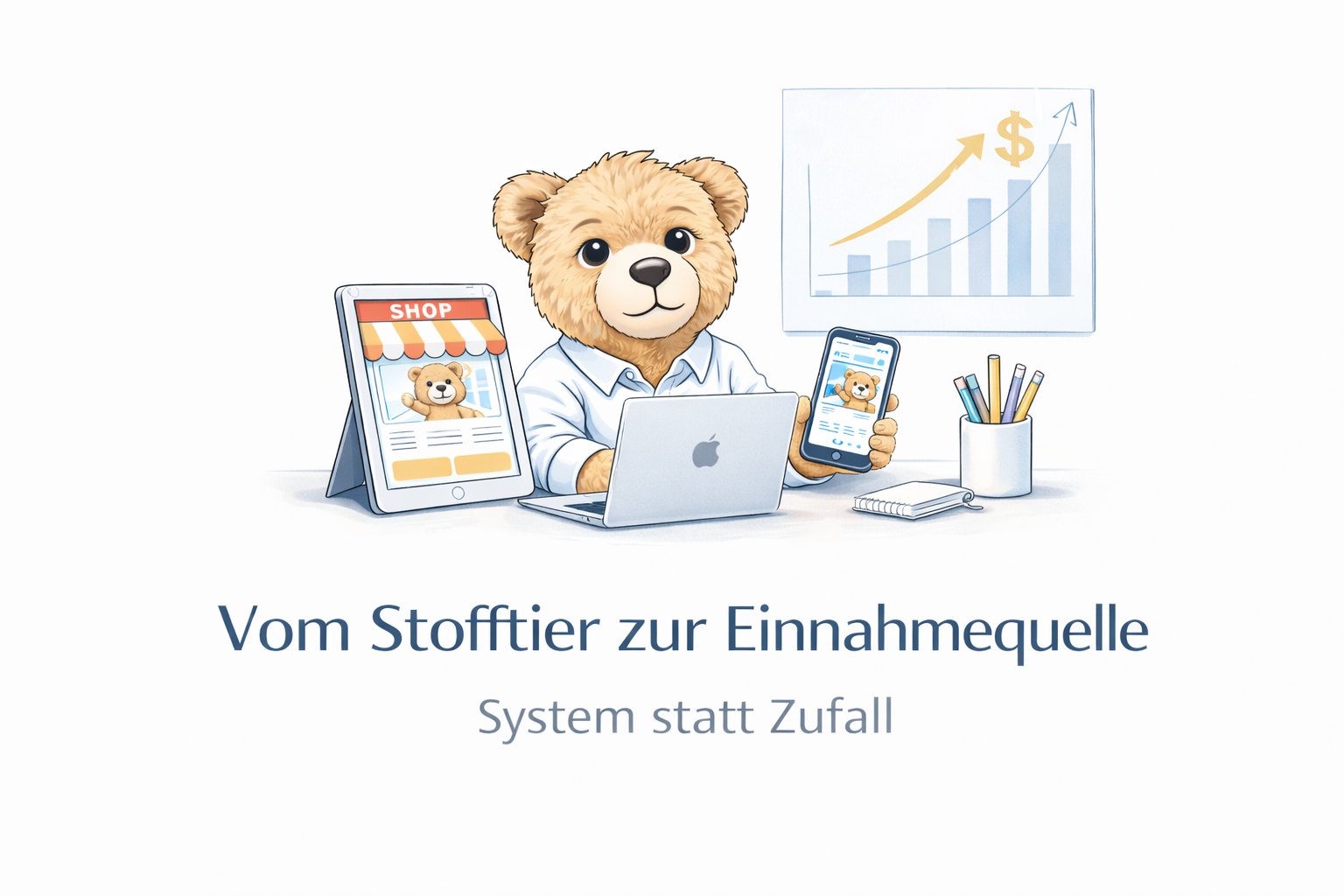 Ein Waschbär mit Laptop und Smartphone, umgeben von einem Tablet, Notizbuch, Stiften und einer Grafik mit steigender Kurve und Dollarzeichen, präsentiert die Botschaft: 'Vom Stofftier zur Einnahmequelle – System statt Zufall'.