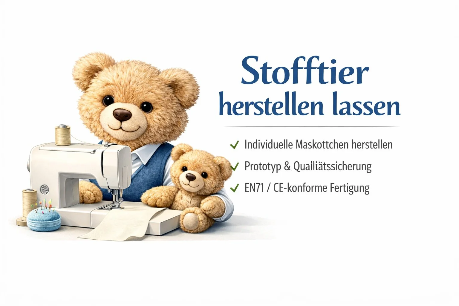Süßer Plüschbär mit Nähmaschine und Nadelkissen, daneben kleiner Plüschbär. Text über Stoffherstellung mit Punkten: "Stofftier herstellen lassen," "Individuelle Maskottchen herstellen," "Prototyp & Qualitätssicherung," "EN71 / CE-konforme Fertigung."