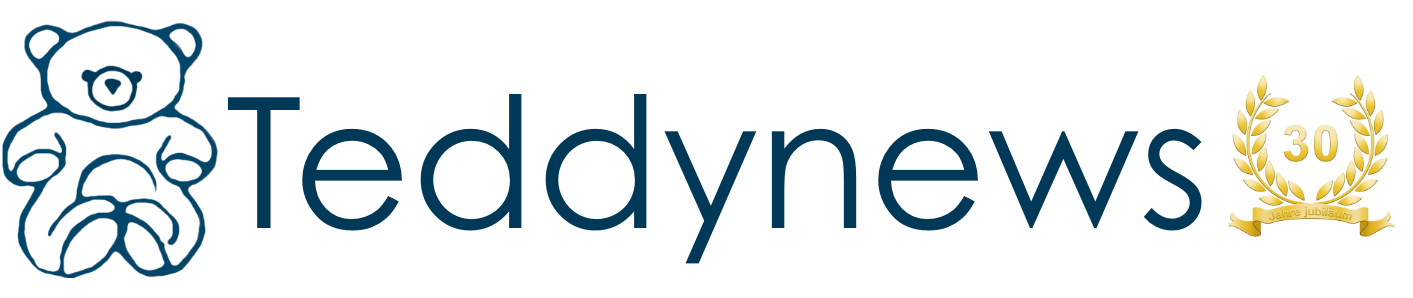 Das Logo von Tedynews zeigt einen Teddybär auf der linken Seite, gefolgt vom Schriftzug 'Tedynews' in blauer Schrift. Auf der rechten Seite befindet sich eine goldene Jubiläumsmedaille mit der Zahl 30 und einem Lorbeerkranz, darunter eine goldene Sch