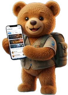 Ein plüschbär mit Rucksack hält ein Smartphone mit einer App auf dem Bildschirm.