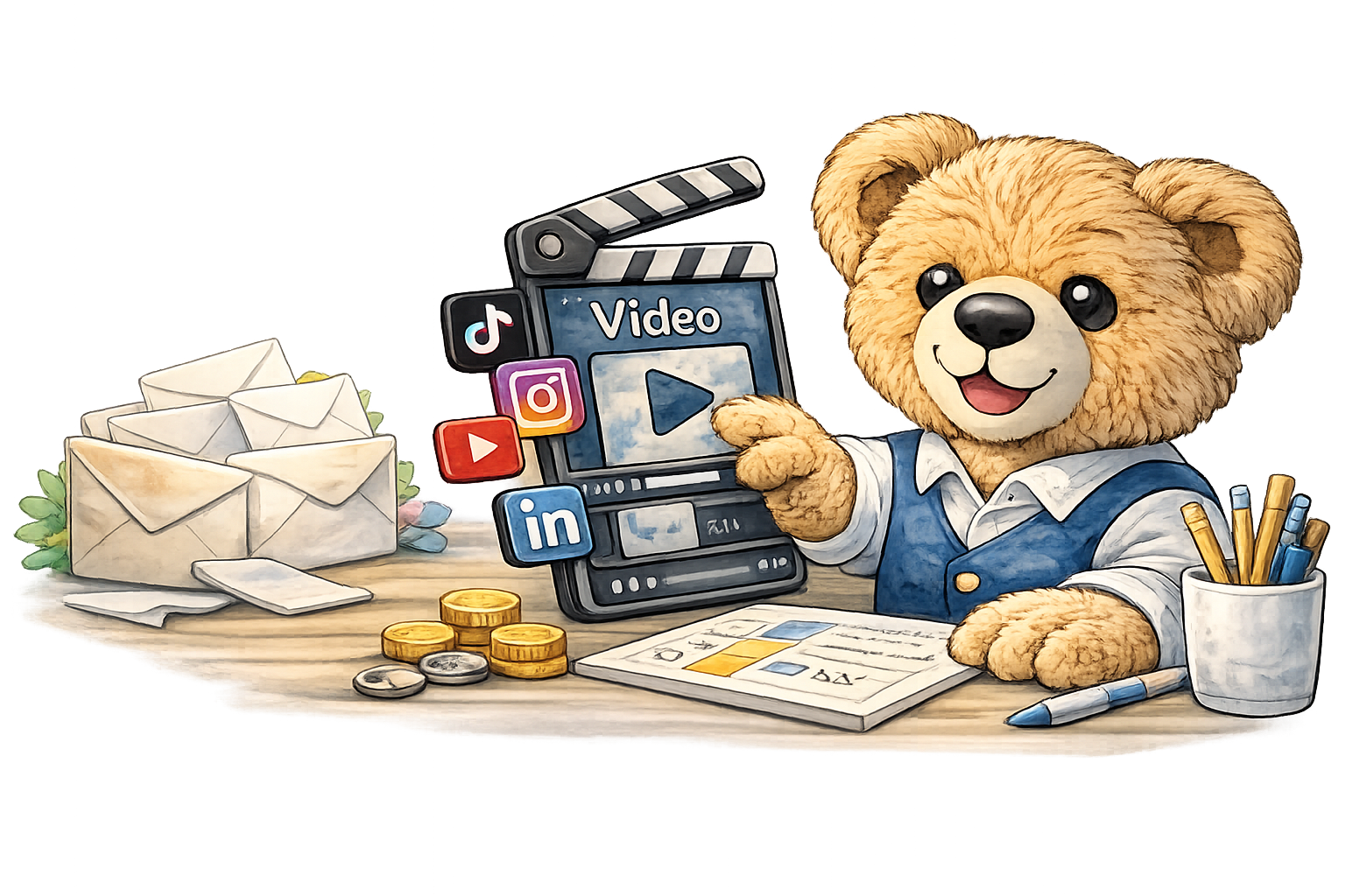 Ein Teddybär sitzt an einem Schreibtisch und benutzt ein Smartphone, auf dem Symbole für soziale Medien und Video-Plattformen angezeigt werden. Der Teddybär trägt eine Weste und hat einen Lächeln. Auf dem Tisch liegen Münzen, Briefe, Stifte in einem 