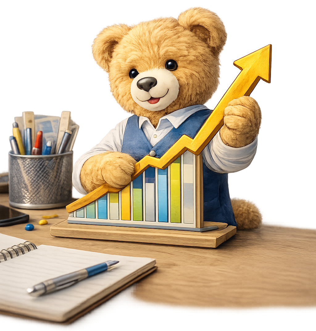 Ein Teddybär in Büro-Arbeitskleidung hält eine gelbe Aufwärts-Pfeil-Statistik. Im Hintergrund ist ein Tisch mit Bürobedarf, wie Stift und Notizbuch.