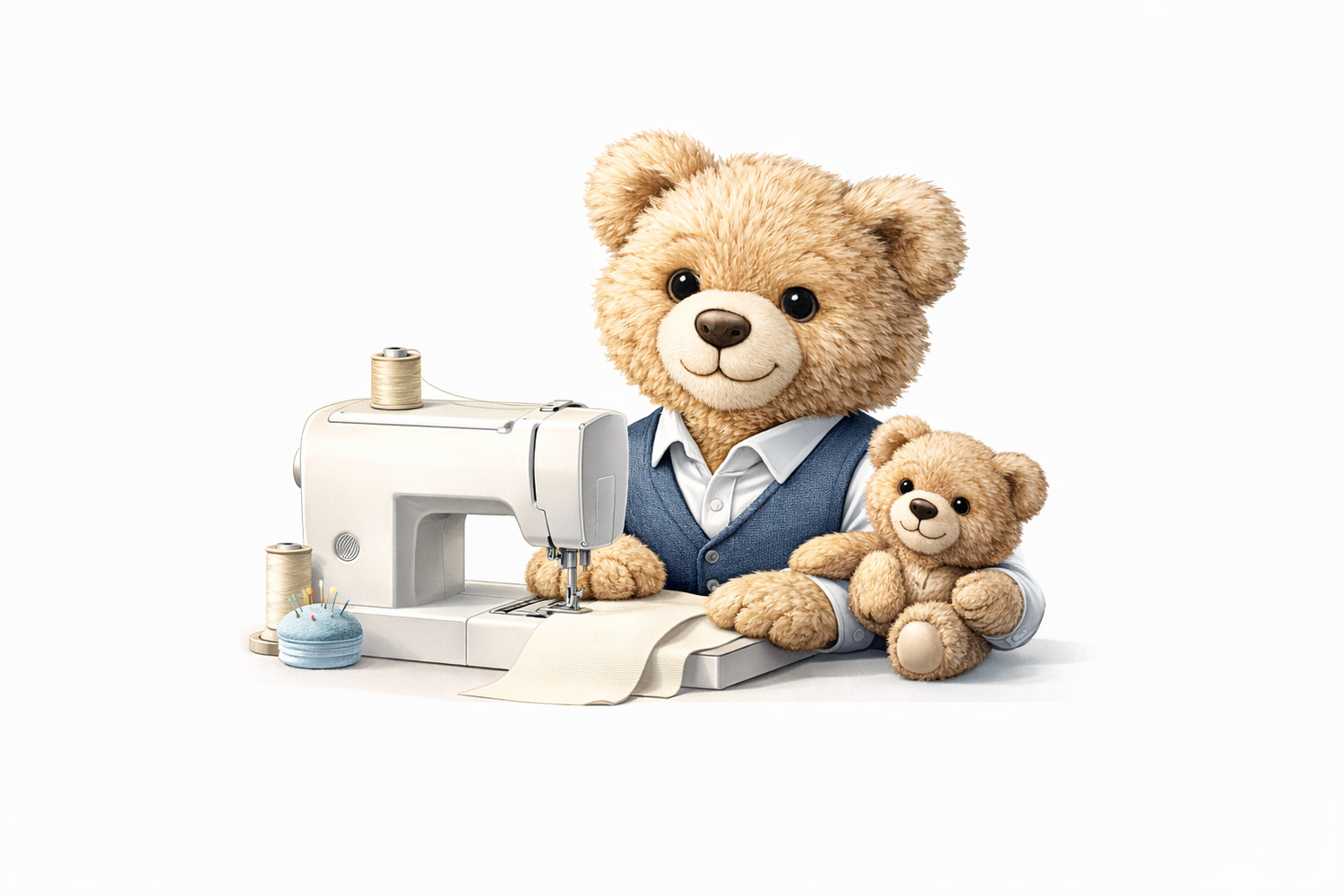 Zwei Plüschbären, einer großer und einer kleiner, sitzen neben einer Nähmaschine mit Stoff. Es gibt Spulen, Nadeln und Nähzubehör auf dem Tisch, vor einem weißen Hintergrund.