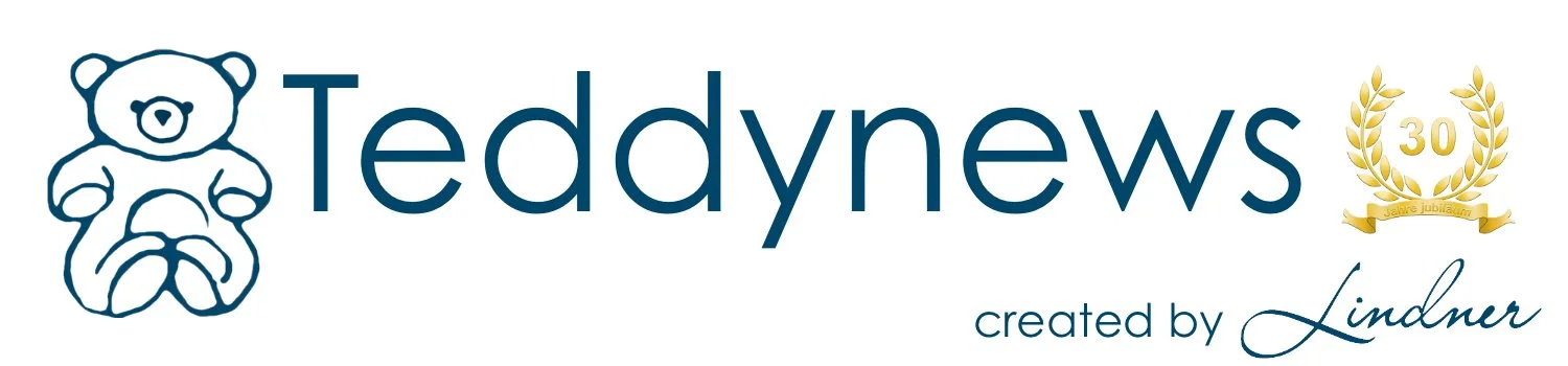 Logo mit Teddy-Maskottchen, Text 'Teddynews', goldene Laureblatte mit '30', und der Text 'created by Lindner'.