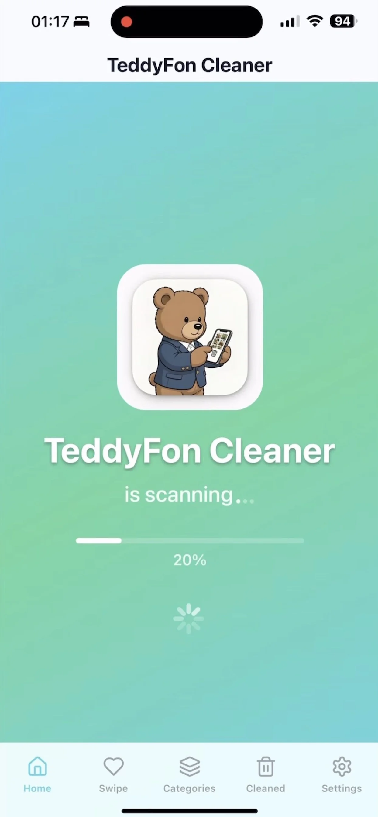 TeddyFon Cleaner scan overview with categories