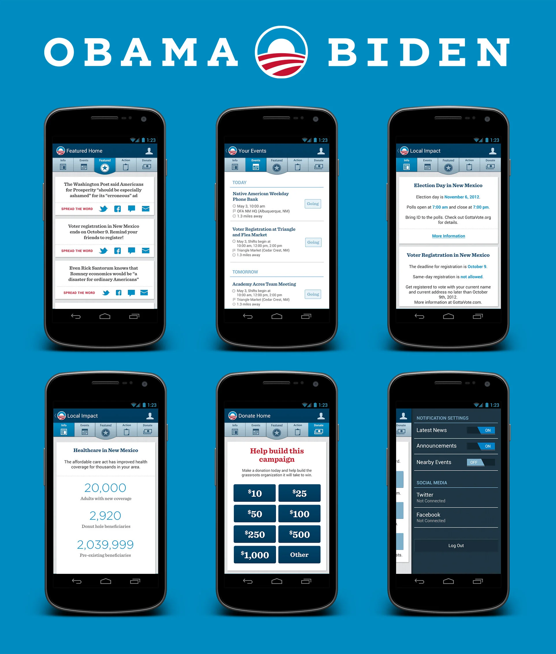 While working at thirteen23, The Obama 2012 campaign approached us with the need for a feature-heavy mobile app to get their grassroots efforts into the pockets of their supporters. I translated the iOS app, designed by Tate Strickland, into an exper