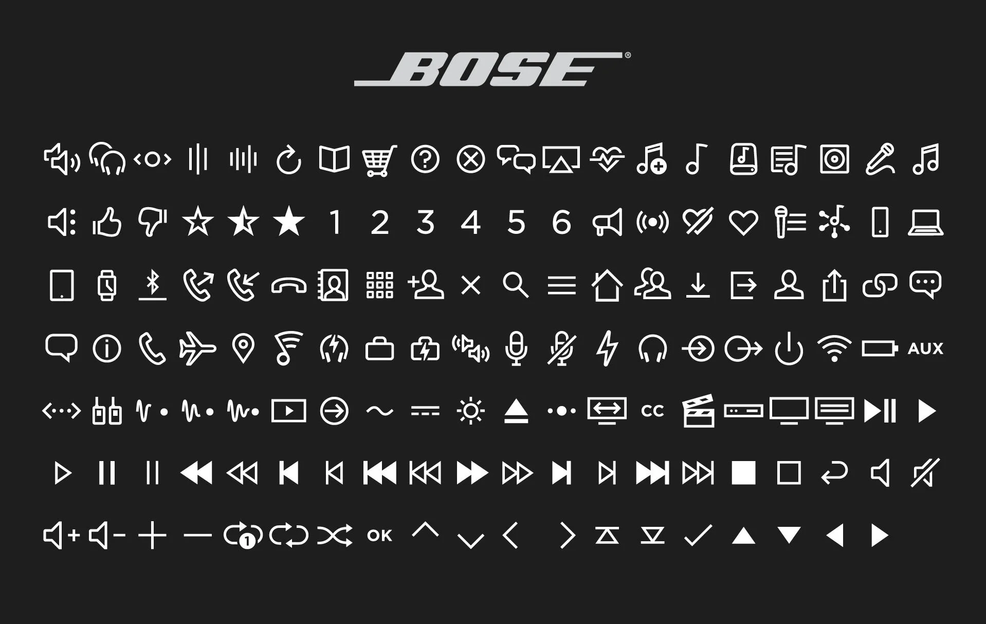 graphical icon library // Working with thirteen23, we created over 100 custom icons that Bose’s internal teams can use for both hardware and software to align with its new look and feel.