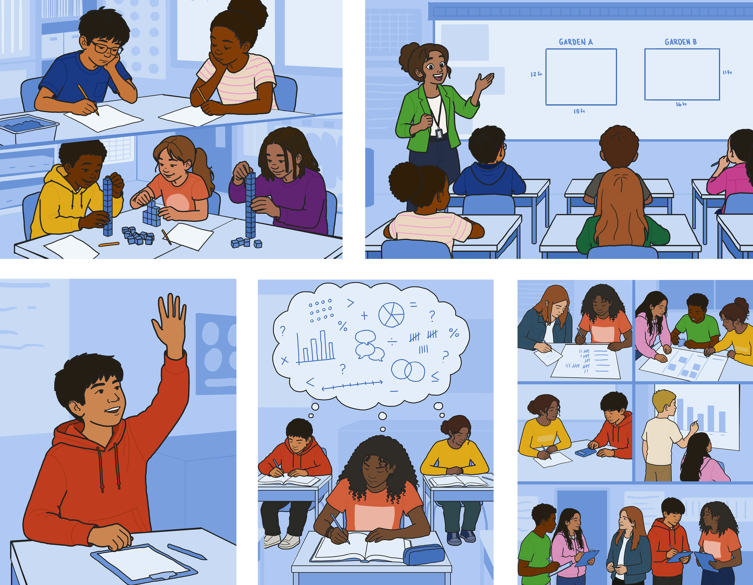 Illustration of students seated at desks in a classroom, some raising their hands, while a teacher points at a whiteboard with measurements for two gardens.