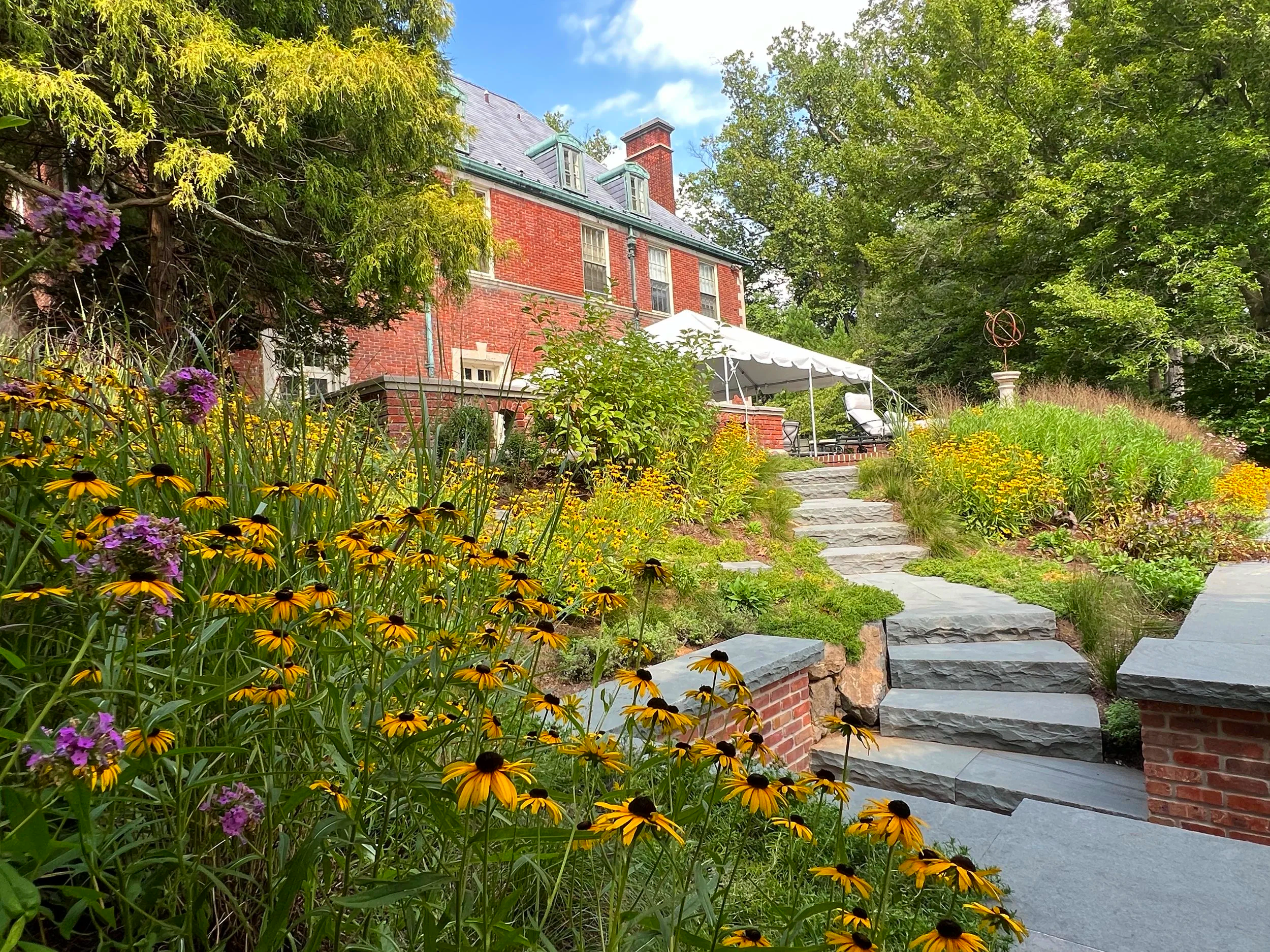 Bluestone steps are surrounded by layers of lush perennials