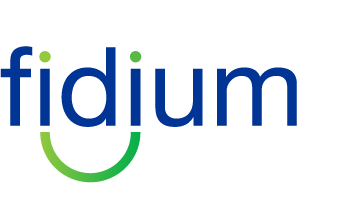 Fidium logo with the word 'fidium' in blue lowercase letters, featuring a green curved line beneath the 'i' resembling a smile.