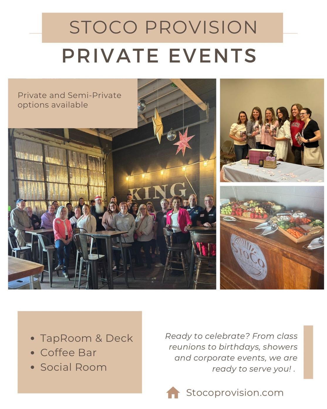 Spring is here and the is the perfect time to plan your special event! We have a few dates left in May, June and July for your Private Event celebration!

From the Sweet 16 to 70 and sassy; corporate event or a fun baby shower, the Tap Room, Coffee B