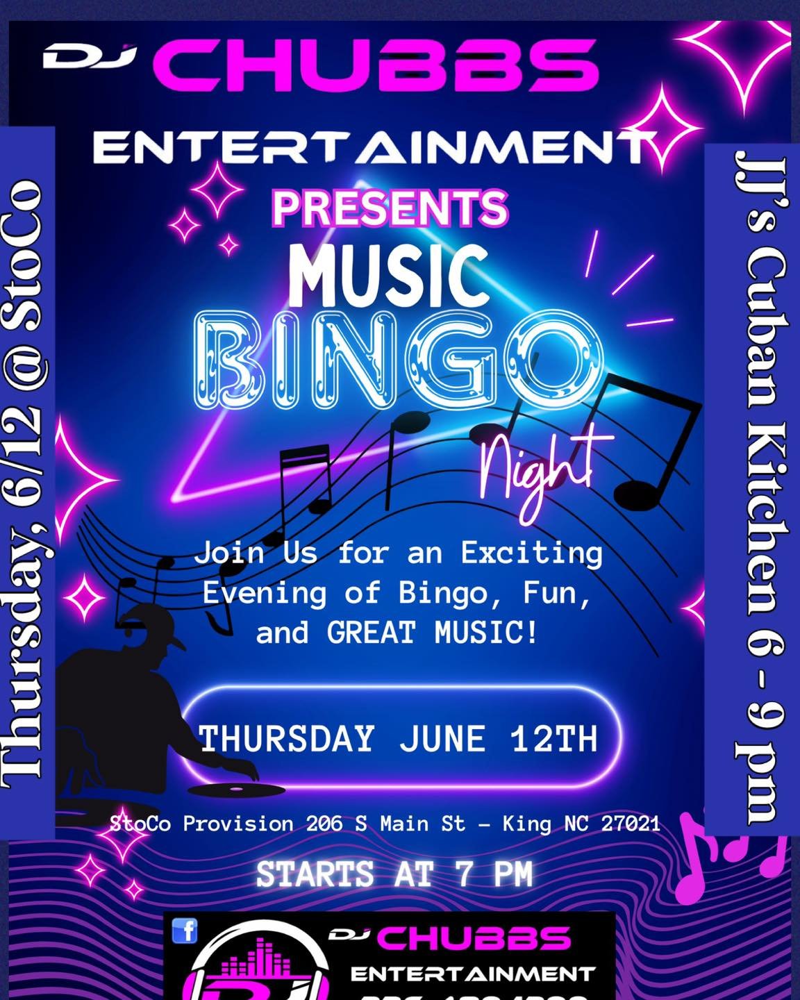 Let&rsquo;s get the weekend party started!!🥳🥳 Join us for the summer fun!

🎵Thursday, 6/12: Join us for Music Bingo with a new host! DJ Chubbs Entertainment is going to join us this time!! jjs_cuban_kitchen will be serving delicious dinner!

🎸Fri