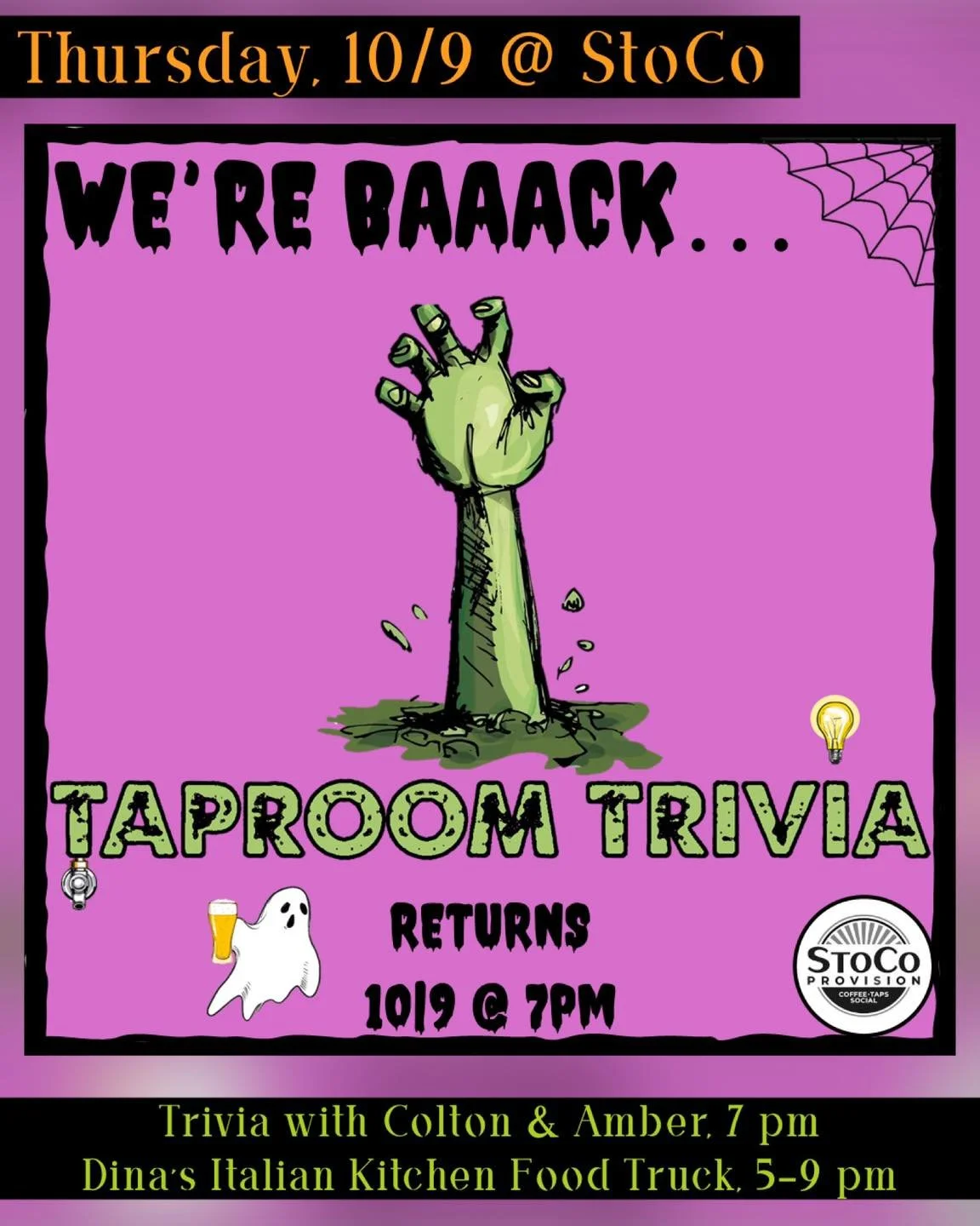 They&rsquo;re baaaack!! Colton and Amber are ready for Trivia night! Join us Thursday night for some spooky trivia fun!

Dina's Italian Kitchen will be serving dinner and first round starts at 7 pm.

See you there!!🎉
