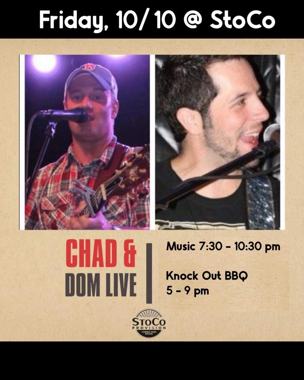 Hey, hey, Friday!!👋👋We see you!!

Join us for coffee by day and your favorite drinks tonight! Jam with Chad and Dom Live and dine with Knock Out BBQ!

Let&rsquo;s get the weekend started!🍻🎉