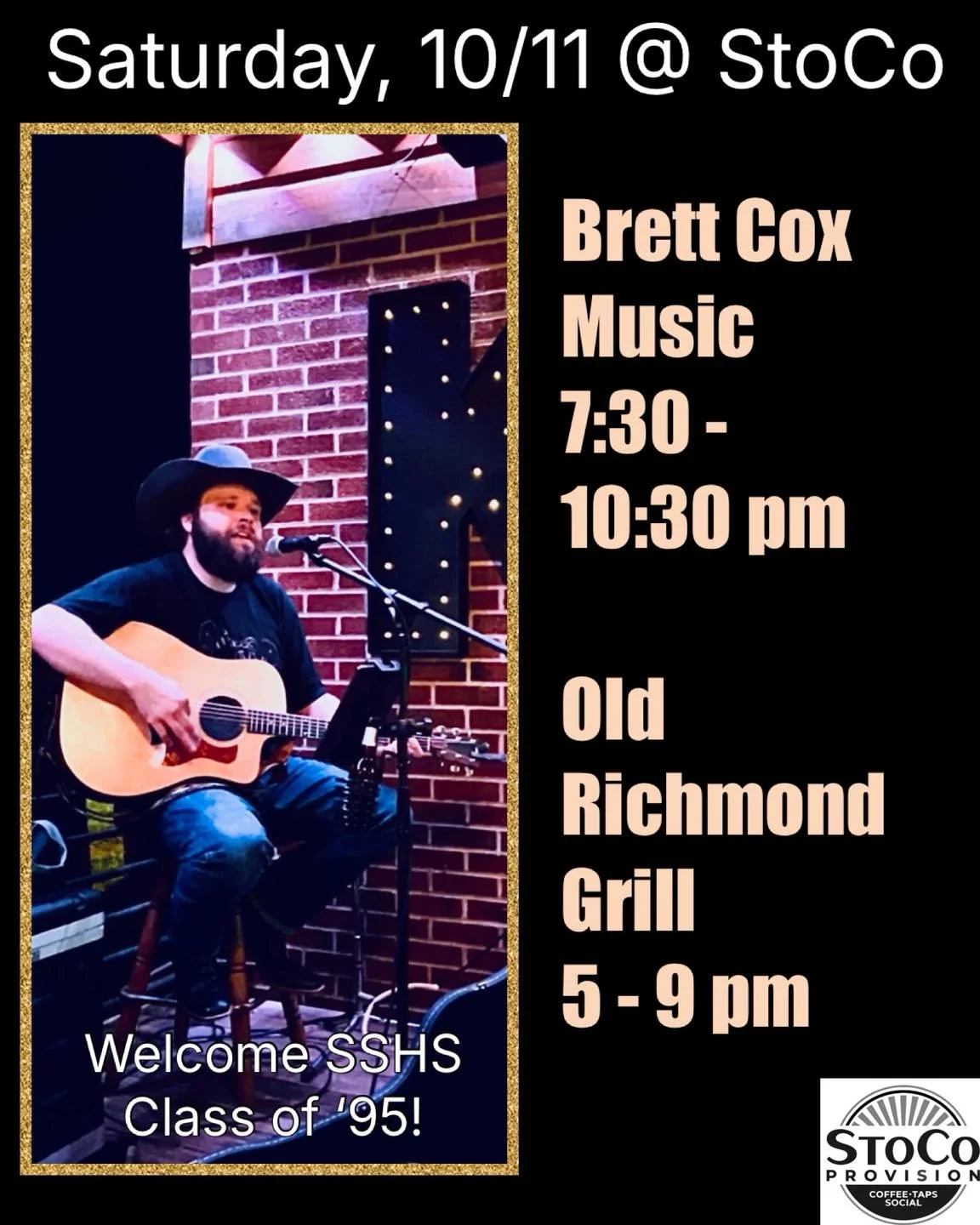 Saturday!! It&rsquo;s a great day to grab a coffee and do all the fall things!🍁☕️

🎉Join us tonight for the awesome Brett Cox Music and Old Richmond Grill Food Truck. 

Welcome SSHS Class of 1995!!🎓🎉

Cheers, y&rsquo;all!🍻🎉