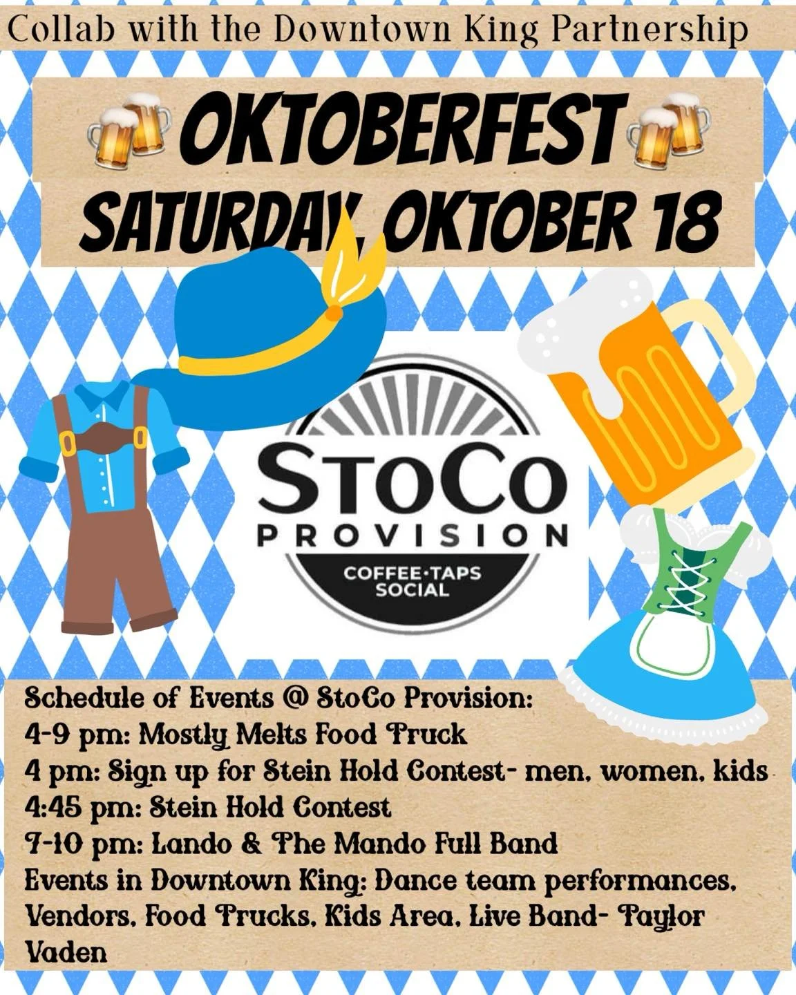 🍁Oktoberfest Week🍻 is here!! Make plans to join us Saturday, 10/18 for the Downtown King Partnership Oktoberfest Street Festival! Downtown King 4 - 8 pm for music, dancing, vendors, food trucks and more!! 

At StoCo, we will have a Stein Holding Co